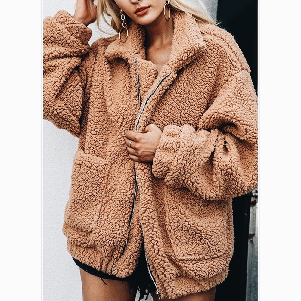 NEW! Oversized Fuzzy Teddy Jacket Camel Coat - Picture 5 of 6